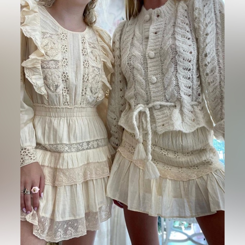 NWT LoveShackFancy Santorini Cream Embroidered Lace Ruffle Tiered Dress L